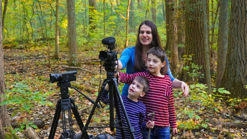 Alexandra Hidalgo, William Hidalgo-Bowler, and Santiago Hidalgo-Bowler filming in the woods for A Family of Stories