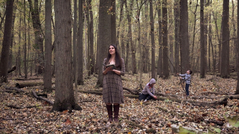 Alexandra Hidalgo, William Hidalgo-Bowler, and Santiago Hidalgo-Bowler in the forest in A Family of Stories
