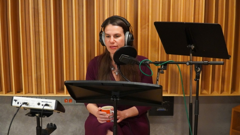 Alexandra Hidalgo recording the narration for A Family of Stories