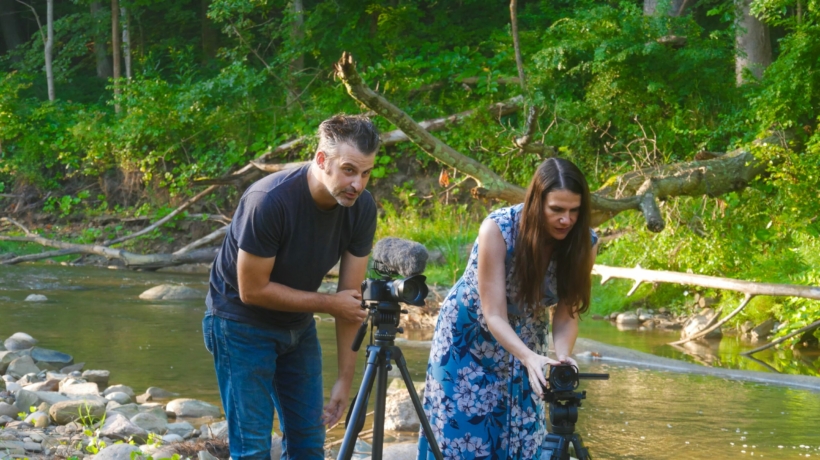 Nathaniel Bowler and Alexandra Hidalgo filming the sunrise A Family of Stories