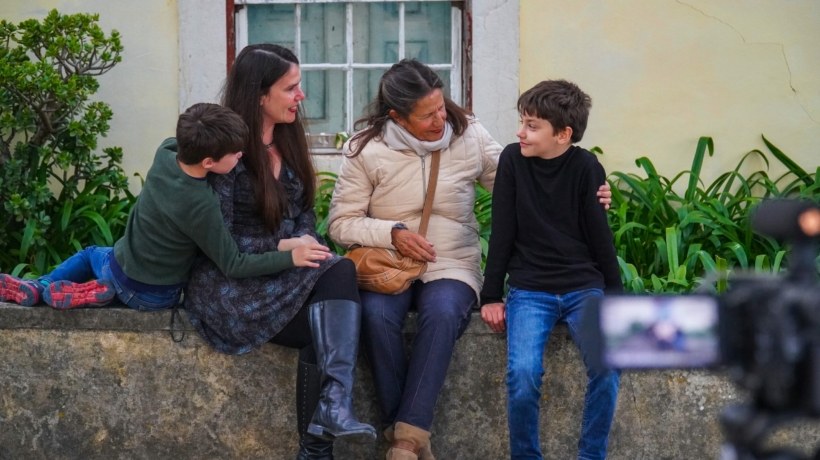 Santiago Hidalgo-Bowler, Alexandra Hidalgo, Jenny Berghaeger, and William Hidalgo-Bowler filming A Family of Stories